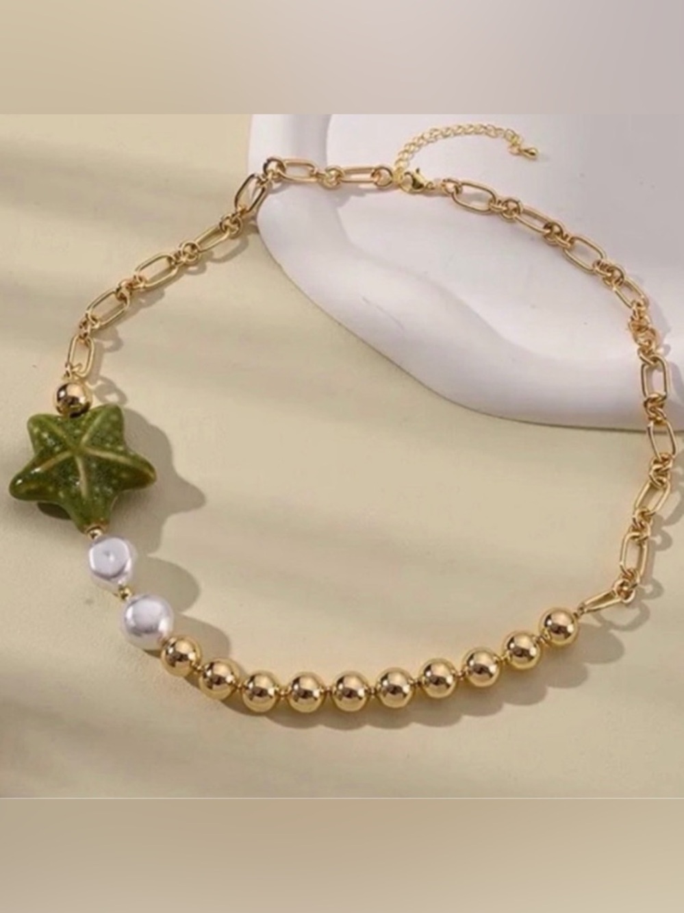 Star Charm Beaded Necklace – Gold Tone Asymmetrical Chain Statement Necklace